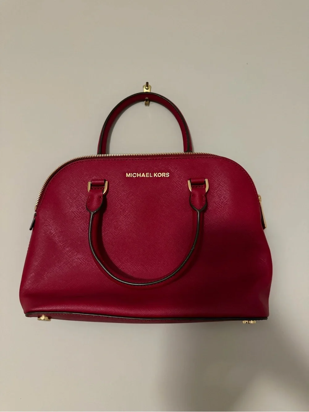 Michael Kors Emmy Large Saffiano Leather Dome Satchel - Red & Gold